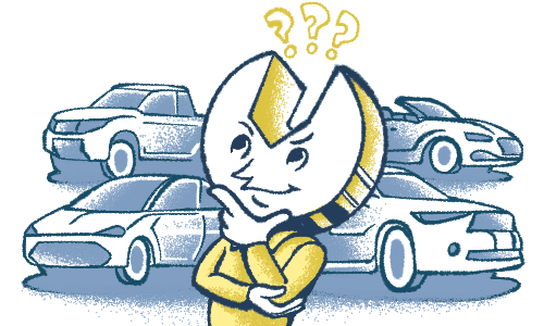 Otto mascot with question marks surrounded by cars
